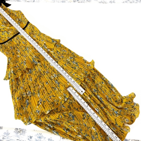 Lulus Dress Womens XS Yellow Black Floral Tie Shoulder Midi Ruffled Cocktail - Picture 6 of 10